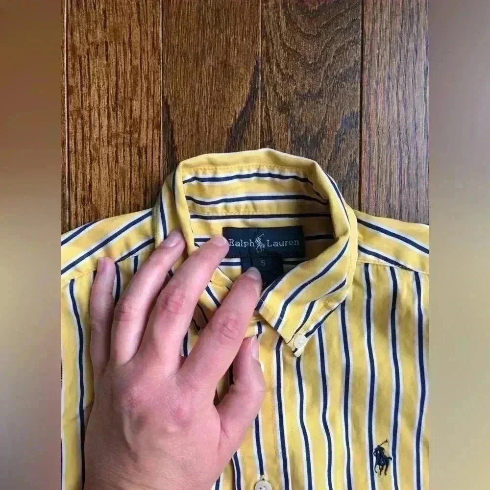 Ralph Lauren Boys 5 Yellow Button-Down w/Blue White Vertical Stripes - EUC!!